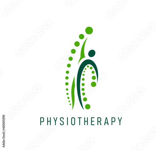 Physiotherapy, body massage icon. Physiotherapy doctor, rehabilitation medical center or back pain treatment clinic vector icon. Chiropractic massage practice symbol or sign with healthy human figure