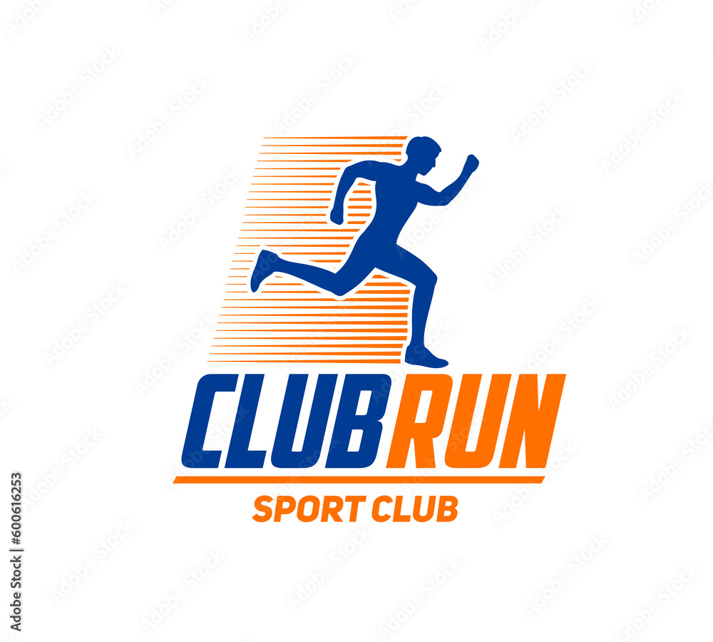 Marathon run sport icon, runners club or athlete sprinters challenge vector badge. Marathon run or fitness race and athletic jogging or running sprint sport sign with running man silhouette Marathon run sport icon, runners club or athlete sprinters challenge vector badge. Marathon run or fitness race and athletic jogging or running sprint sport sign with running man silhouette