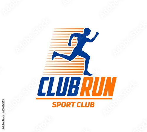 Marathon run sport icon, runners club or athlete sprinters challenge vector badge. Marathon run or fitness race and athletic jogging or running sprint sport sign with running man silhouette