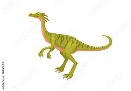 Cartoon compy dinosaur character. Isolated vector compsognathus dino prehistoric animal biped with green skin. Extinct wildlife monster predator  paleontoly personage for book or game