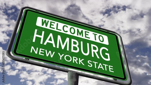 Welcome to Hamburg, New York State, US Road Sign Close Up Realistic 3d Animation