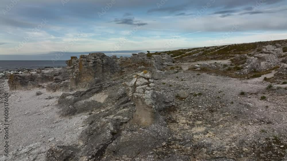 Exploring Fårö Island's Unique Geology: Aerial View of Langhammars' Sea Stacks and Limestone Formation Exploring Fårö Island's Unique Geology: Aerial View of Langhammars' Sea Stacks and Limestone Formation