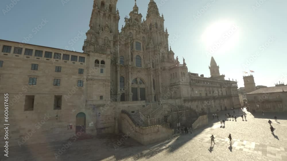 Cathedral of Santiago De Compostela located in Galicia (SPAIN) Plaza Obradoiro FPV Drone footage First Person View Dive
