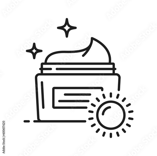 Day cream icon, skincare for face and hands skin beauty, vector line pictogram. Moisturizer cream jar and sun linear icon for moisturizing, soothing and anti age cream or makeup cosmetic product