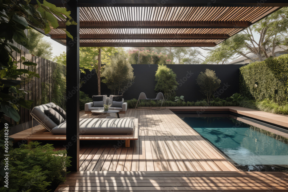  a lavish side outside garden at morning, with a teak hardwood deck and a black pergola. Scene in the evening with couches and lounge chairs by the pool, generative AI