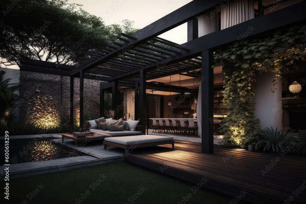  a lavish side outside garden at morning, with a teak hardwood deck and a black pergola. Scene in the evening with couches and lounge chairs by the pool, generative AI