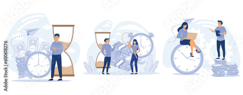 Business Company Expense, Project Financial Profit Management, Time Management Working Process Productivity.  Financial Earnings Discussion, Time is Money. set flat vector modern illustration 