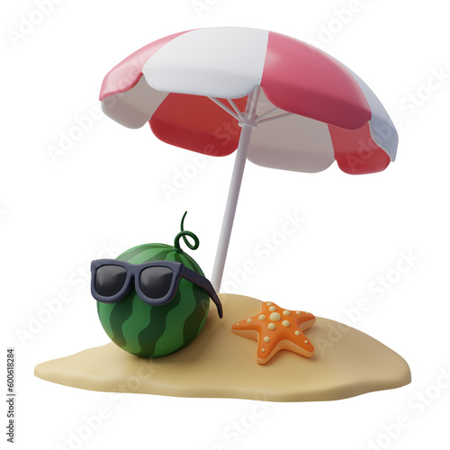 Canvas Print 3d umbrella with watermelon and starfish summer holiday, Time to travel concept