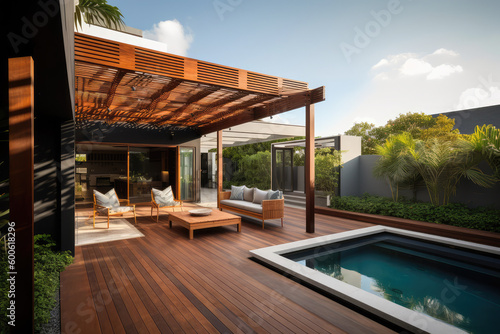  a lavish side outside garden at morning, with a teak hardwood deck and a black pergola. Scene in the evening with couches and lounge chairs by the pool, generative AI © Kien