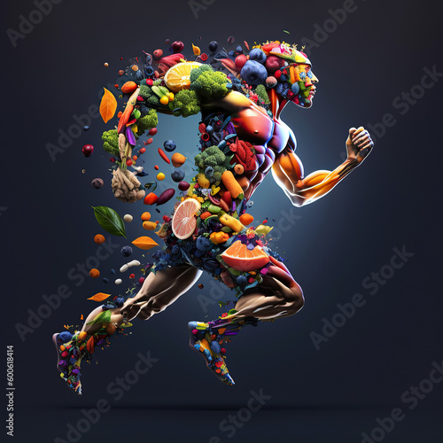 Ai generated illustration man running with a lot of energy. Fruit forming a human body, metabolism anв nutrition © maylim