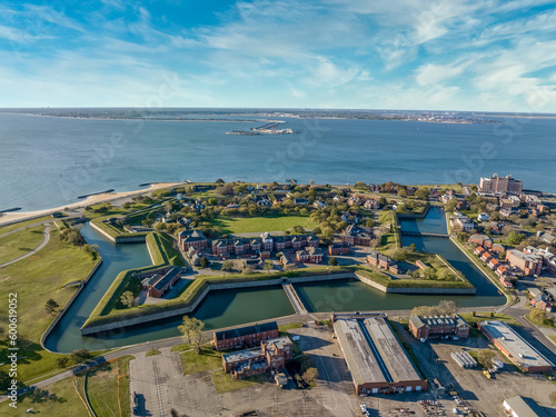 Fotografiet Aerial view of Fort Monroe star shaped military fort protecting Norfolk surround