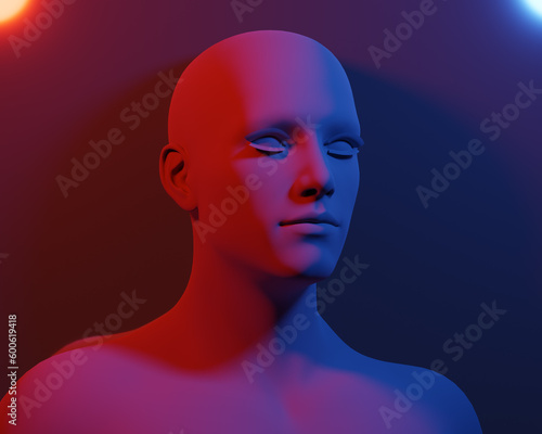 3D rendering of a portrait of a red matte bald woman on a white background. 