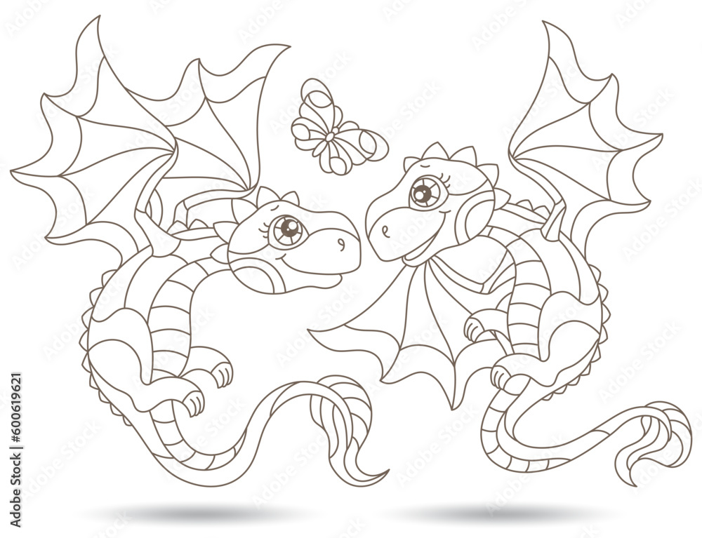 Set of contour illustrations in the style of stained glass with cartoon cute dragons, dark outlines on a white background Set of contour illustrations in the style of stained glass with cartoon cute dragons, dark outlines on a white background