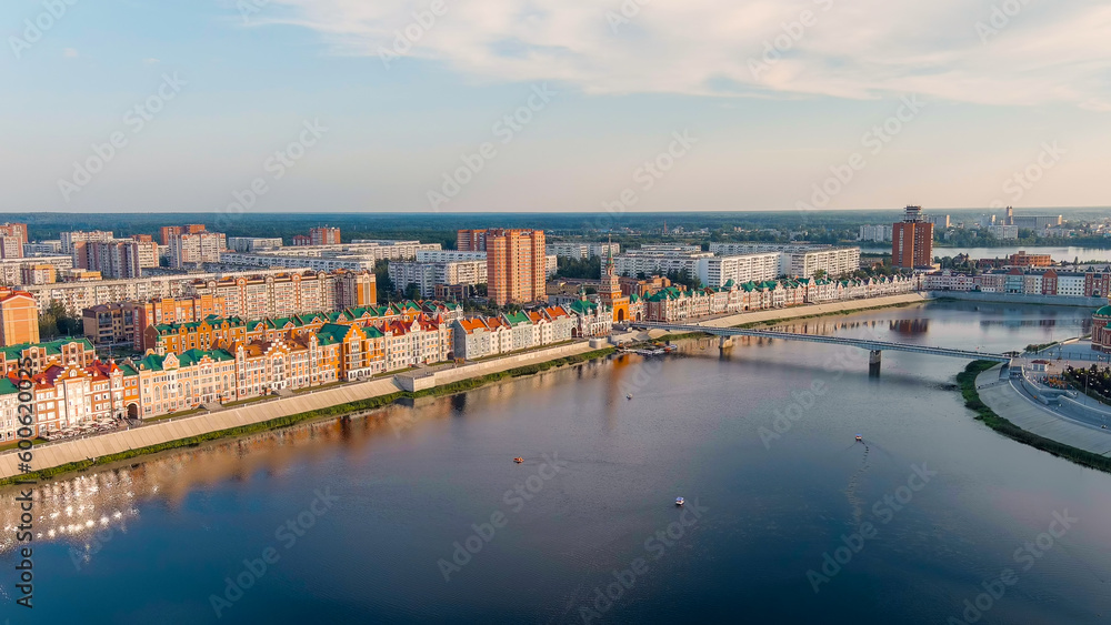 Yoshkar-Ola, Russia. City center during sunset. Embankment of the river Malaya Kokshaga, Aerial View