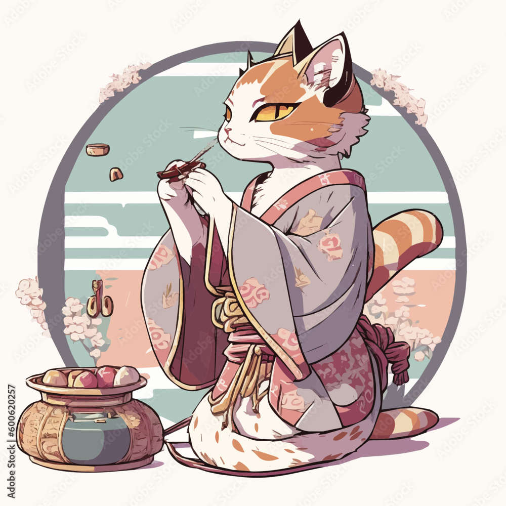 Fototapeta premium serenity cat eating Mizutaki, cat character, artistic, print design, for t-shirt and case 