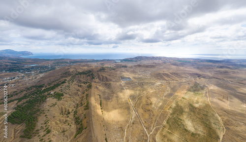 Sudak, Crimea. Vineyards near the village of Solnechnaya Dolina. Autumn. Aerial view photo