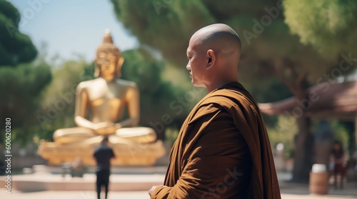 A monk standing praying in front of a golden Buddha, Generative Ai © Salsabila Ariadina