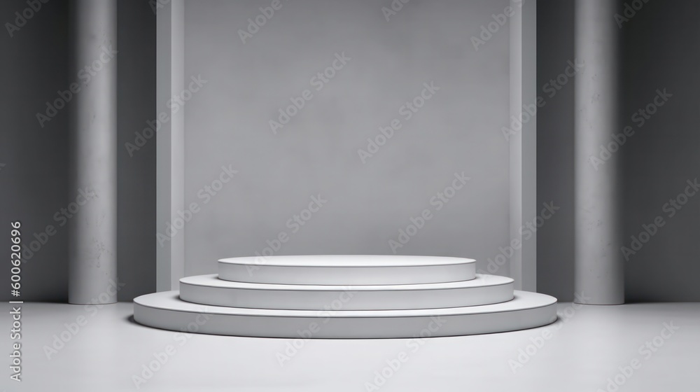 3d white gray podium minimal studio background. Abstract 3d geometric shape object illustration. Display for cosmetics and beauty fashion product. Generative AI. 3d white gray podium minimal studio background. Abstract 3d geometric shape object illustration. Display for cosmetics and beauty fashion product. Generative AI.
