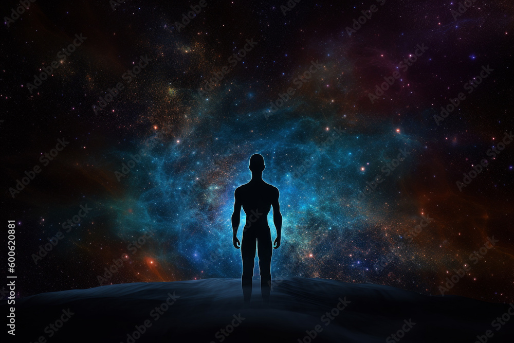 State of mind, meditation, esoteric and spiritual life. Man dark silhouette in space background. Afterlife and connection with other worlds. Generative AI