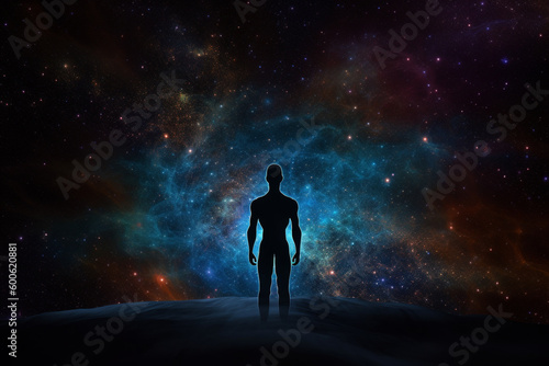 State of mind, meditation, esoteric and spiritual life. Man dark silhouette in space background. Afterlife and connection with other worlds. Generative AI © Rytis