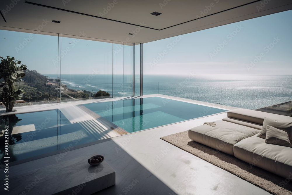 Modern Interior Designed House with an Ocean View - Generative Ai