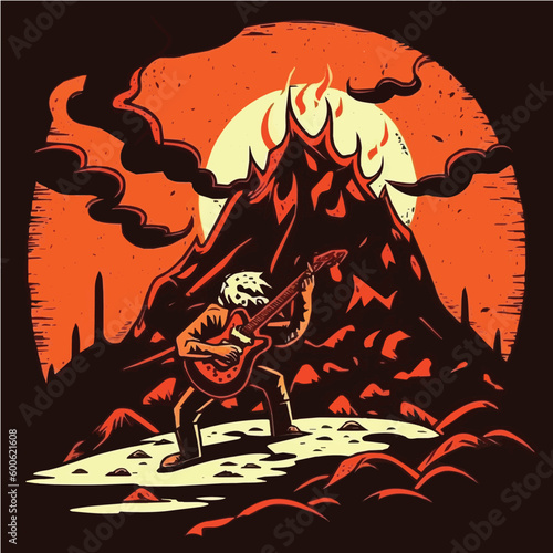 Vector illustration of a redemption character Playing guitar volcano, hand-drawn, cartoonish, minimalist, comic
