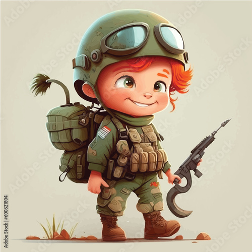 little Soldier with a uniform, rifle, and a brave, courageous look simple, cartoon, children book style, comic, flat character, artistic, Illustrator
