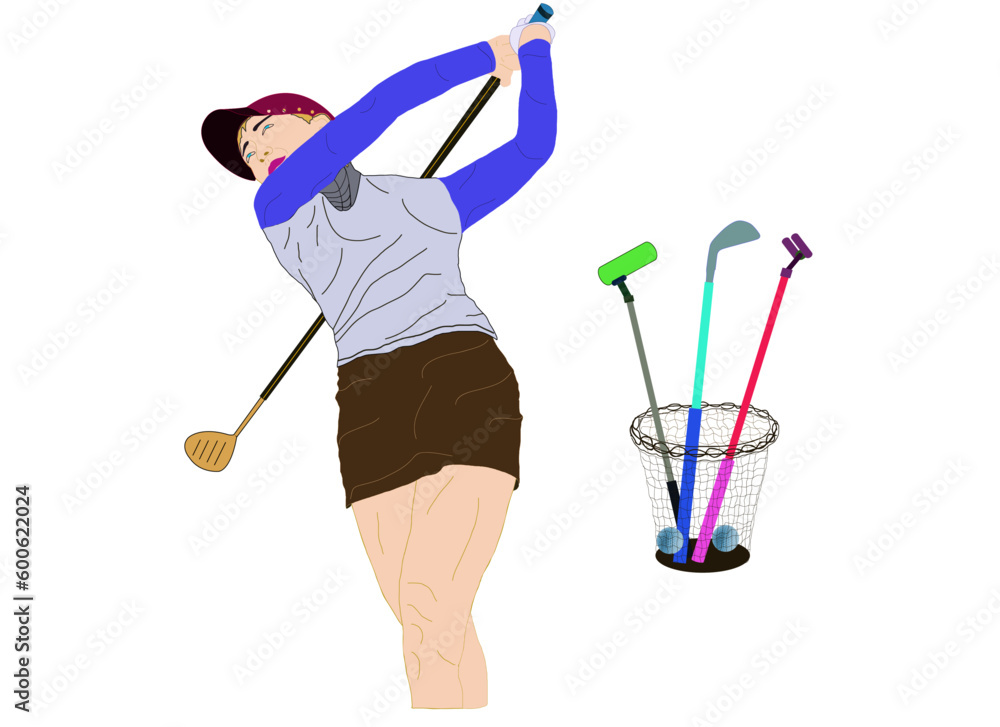 Fototapeta premium Female golfer and basket golf equipment on the vector board