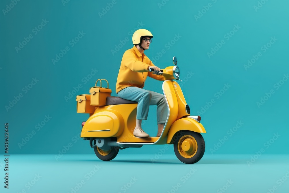 Delivery man ride scooter motorcycle for online delivery service on blue background. Generative AI Delivery man ride scooter motorcycle for online delivery service on blue background. Generative AI