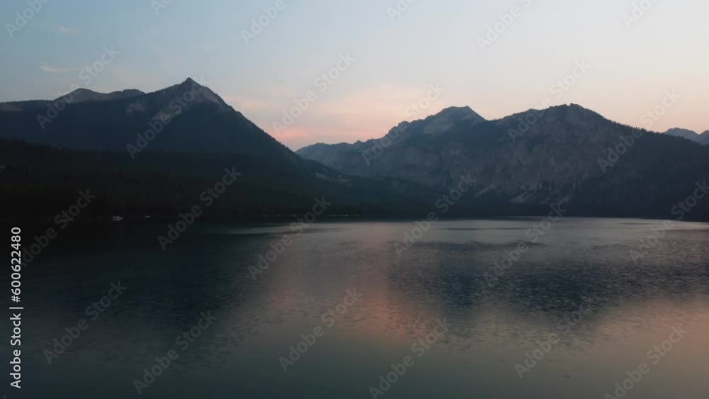 Scenic View Of Mountain Lake Of Pettit In Blaine County, Idaho, United States. Aerial Wide Shot Scenic View Of Mountain Lake Of Pettit In Blaine County, Idaho, United States. Aerial Wide Shot