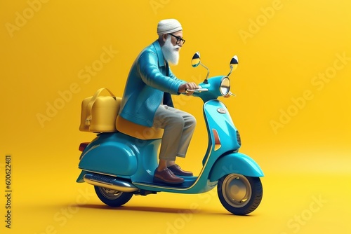 Delivery man ride scooter motorcycle for online delivery service on yellow background. Generative AI