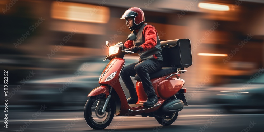 Delivery man ride scooter motorcycle with motion blur cityscape background. Generative AI