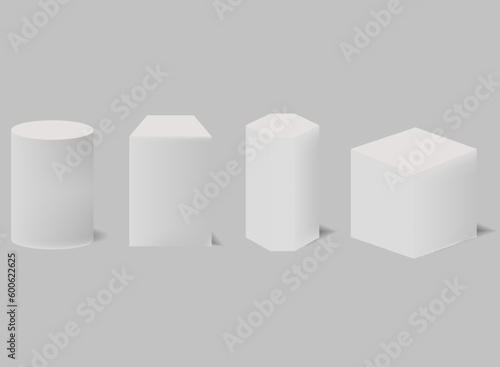 Pedestals or podium, abstract geometric empty museum scenes, exhibits for award ceremony or product presentation. Gallery platform, geometric empty product stands. Vector