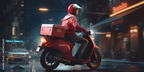 Delivery man ride scooter motorcycle with motion blur cityscape background. Generative AI