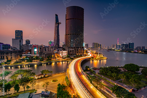 Sunset on the Saigon riverside, Ho Chi Minh city, Vietnam. Photo taken in the May 2023