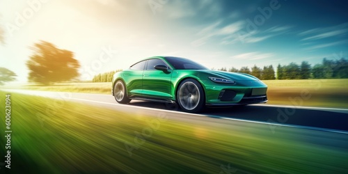 Electric Car driving on the road with green nature and blue sky motion blur background. Generative AI © CYBERUSS