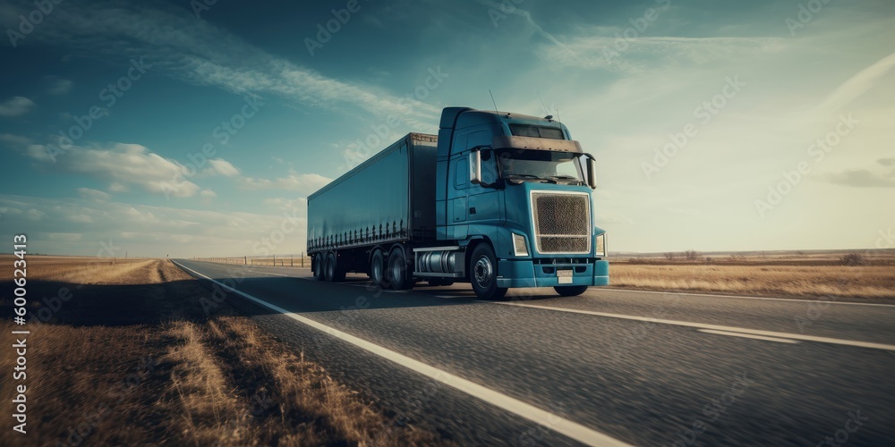 Truck driving on the road with beautiful landscape motion blur background. Generative AI
