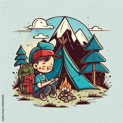 Vector illustration of a journey character Camping mountain, hand-drawn, cartoonish, minimalist, comic © l