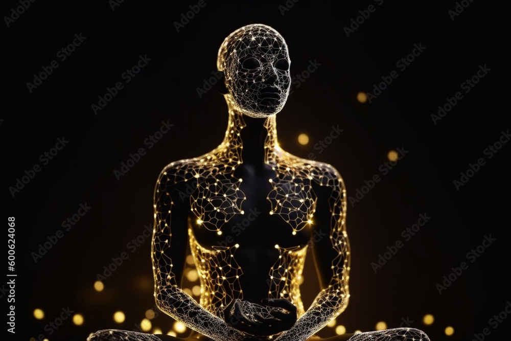 State of mind concept. Transcendental chakras space meditation human silhouette. Lotus pose, cosmic and abstract background. Black, white and golden colored. Luxurious style. Generative AI