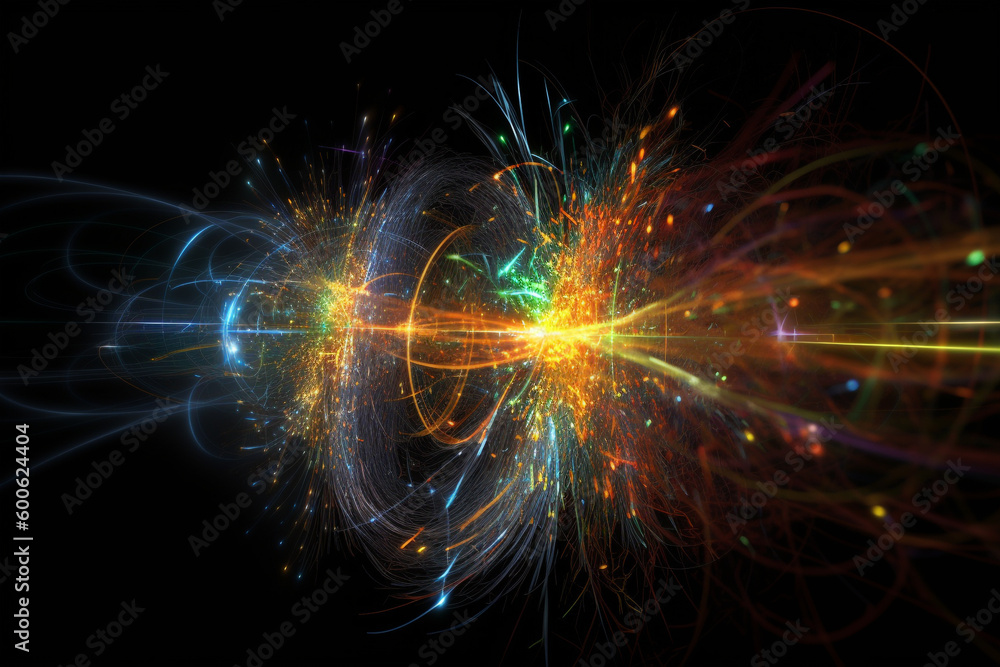 Science and technology concept. God particle or Higgs boson illustration during atoms collision. Generative AI Science and technology concept. God particle or Higgs boson illustration during atoms collision. Generative AI
