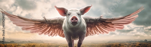 Generative AI image of a pig with wings flying