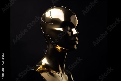 Gold metal abstract and futuristic woman mannequin portrait in black background. Generative AI
