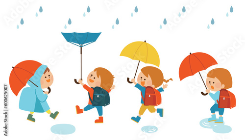 梅雨　傘をさす子供達のイラスト　セット素材
