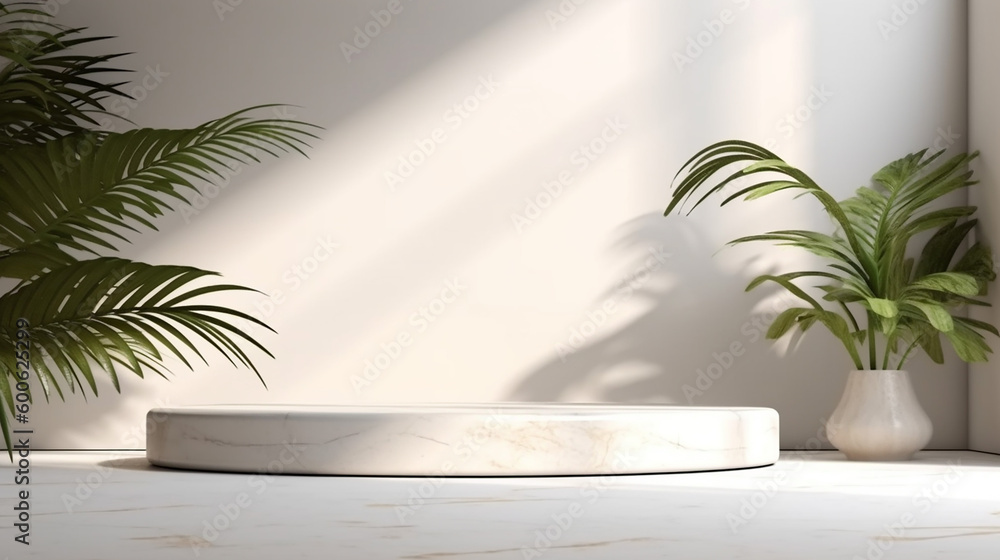 3D Empty modern, minimal counter, table top in dappled sunlight and foliage leaf shadow on white wall in background for luxury beauty 3D Empty modern, minimal counter, table top in dappled sunlight and foliage leaf shadow on white wall in background for luxury beauty