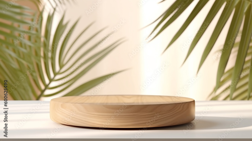 Beautiful wood grain round wood podium dish in sunlight, tropical palm leaf shadow on white table countertop, wall for nature luxury organic cosmetic, Beautiful wood grain round wood podium dish in sunlight, tropical palm leaf shadow on white table countertop, wall for nature luxury organic cosmetic,