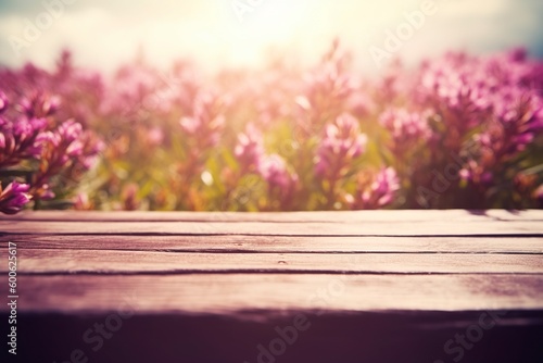 Wooden Board With Erica Flower Field As Background, Ruby Retro Filter , generate ai