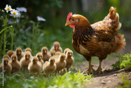 a hen herds her chicks