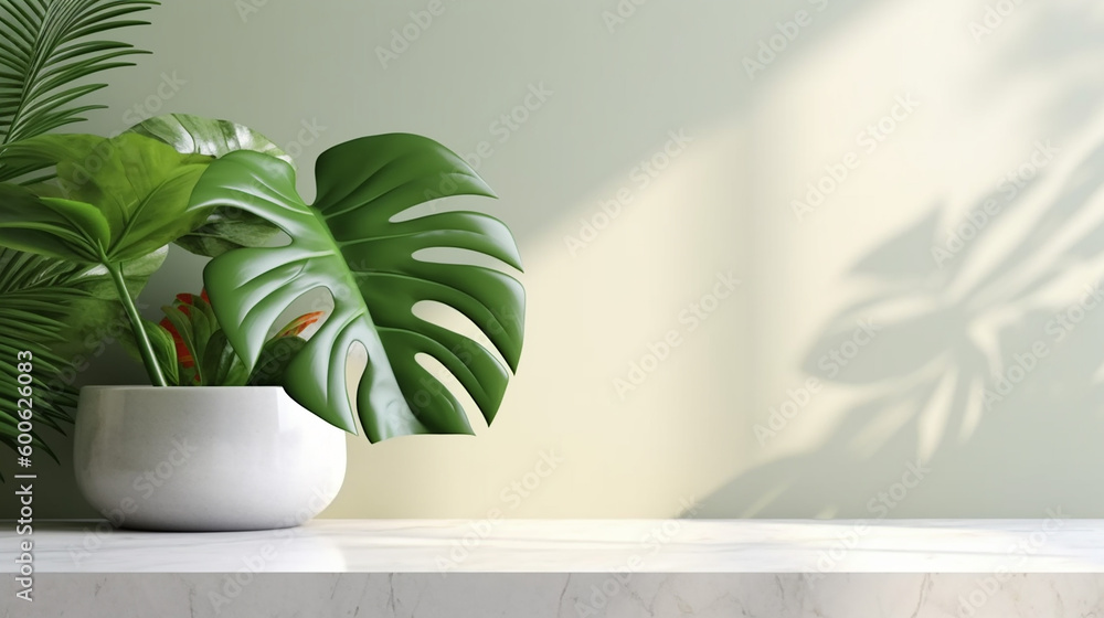 Minimal, modern white marble stone counter table, tropical monstera plant tree in sunlight on green wall background Minimal, modern white marble stone counter table, tropical monstera plant tree in sunlight on green wall background
