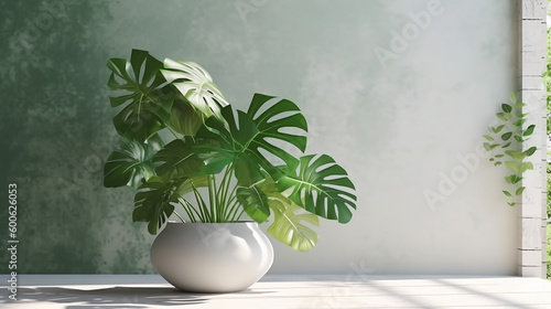 Minimal, modern white marble stone counter table, tropical monstera plant tree in sunlight 