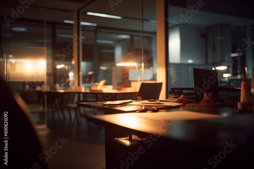 Blurred office workspace in the evening interior. AI generated photo